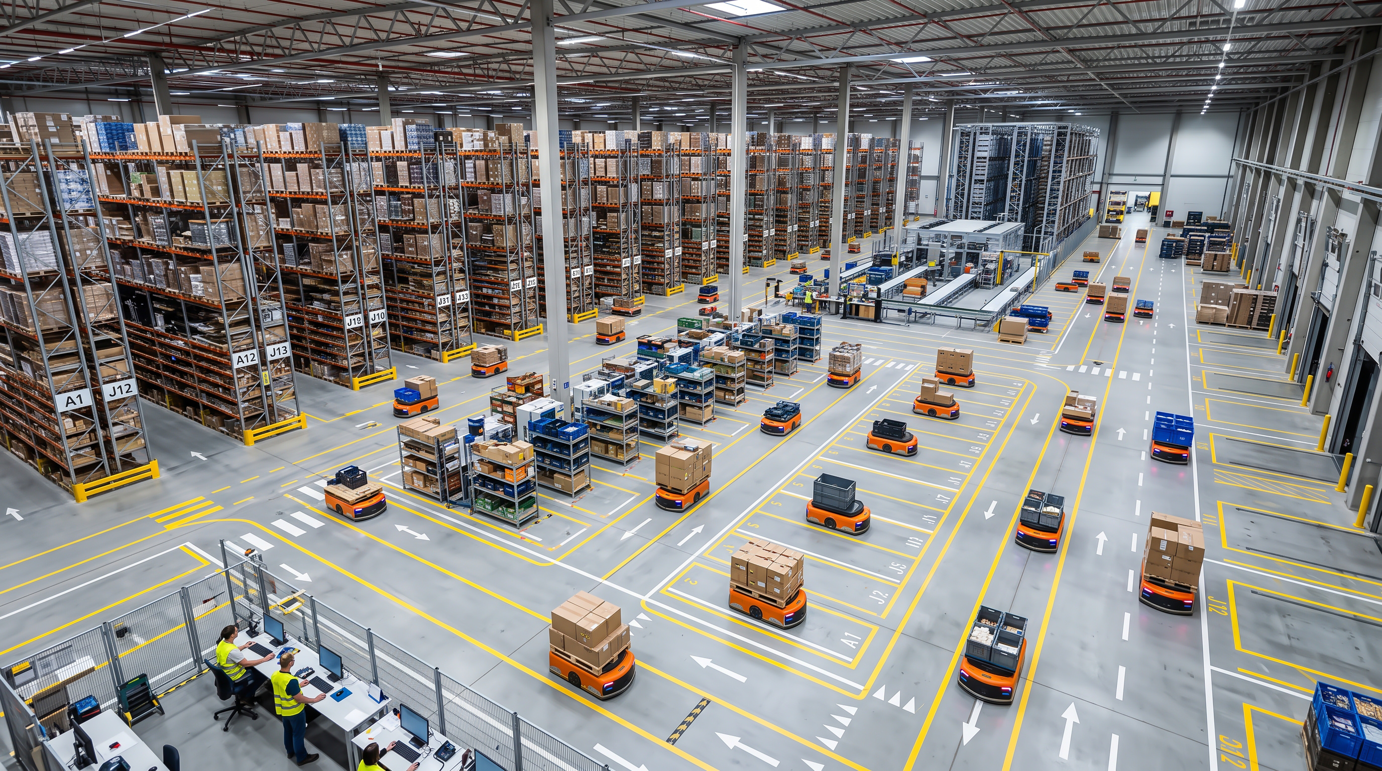 Modern automated warehouse logistics with digital inventory management and supplychain automation using autonomous guided vehicles and robots for efficient distribution center operations.