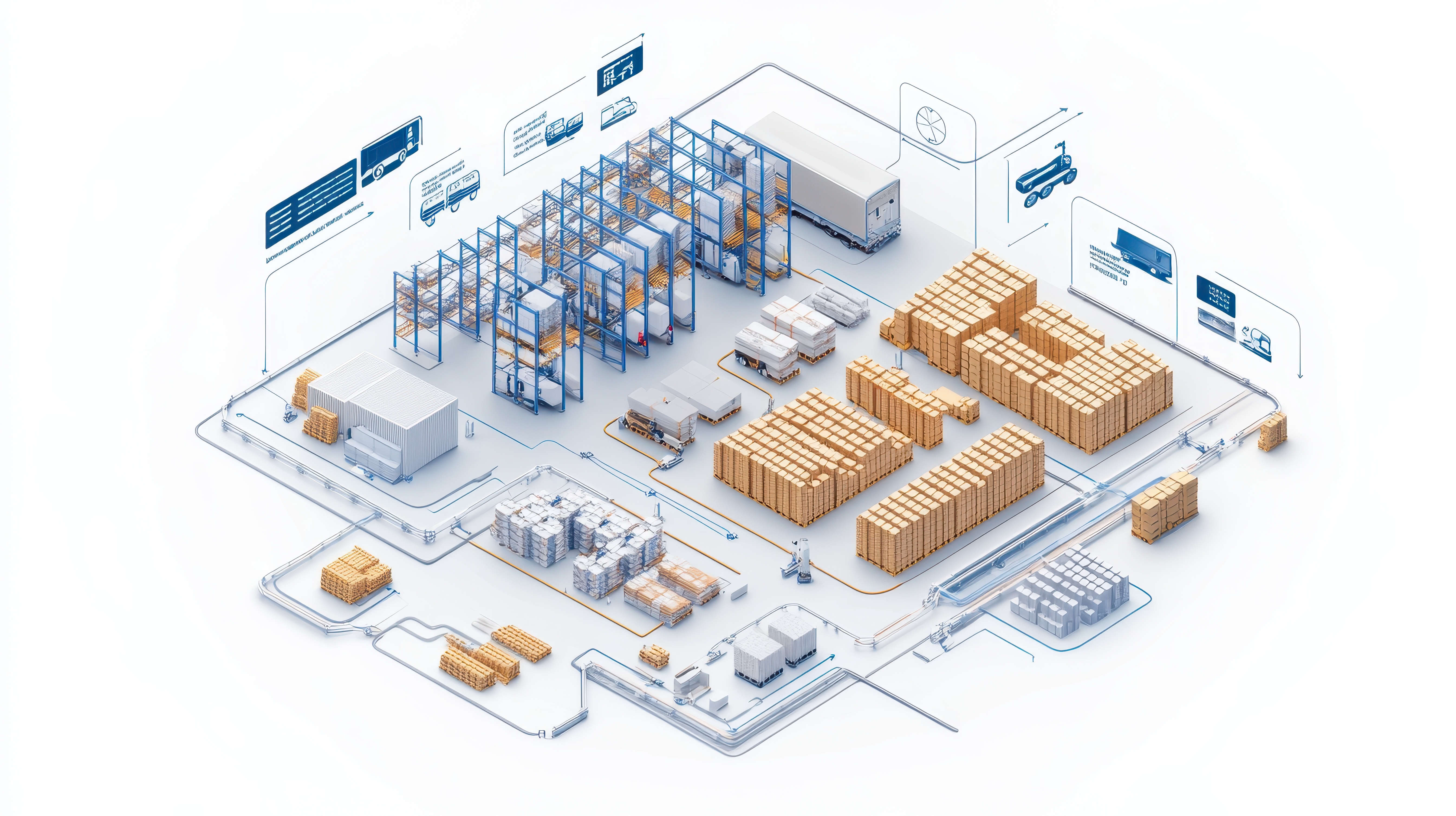 Isometric illustration of a modern warehouse with organized storage racks, pallets, and logistics operations