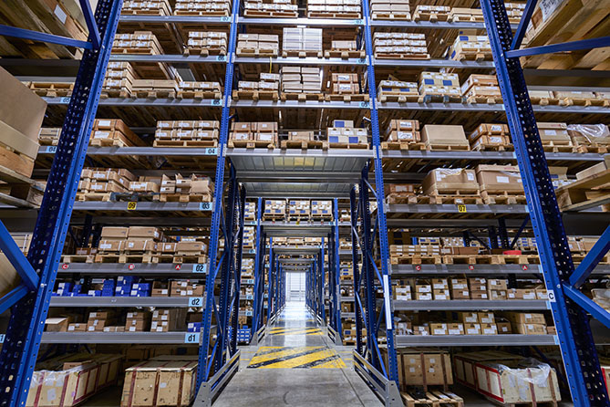 Packages on custom racking in a warehouse